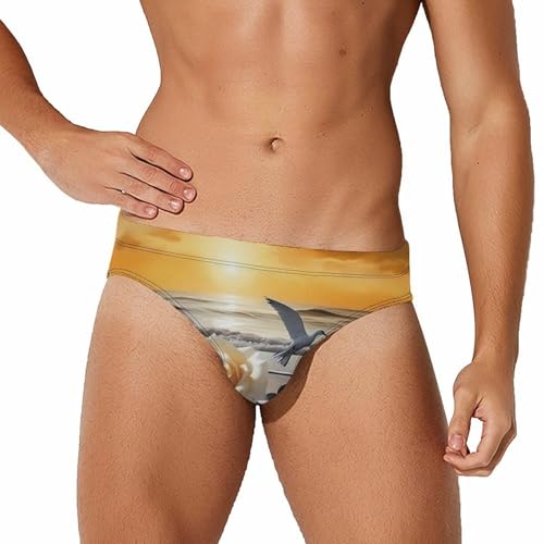 Yellow Roses Birds Ocean Men's Swim Briefs Sexy Bikini Swimsuit Beach Shorts Underwear Low Waist