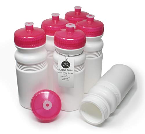 Rolling Sands USA Made 20 Ounce Sports Water Bottles - 6-Pack BPA-Free Blank Sports Bottles for Small Teams, Adults & Kids - White Bottle/Pink Lid, No Smell No Taste