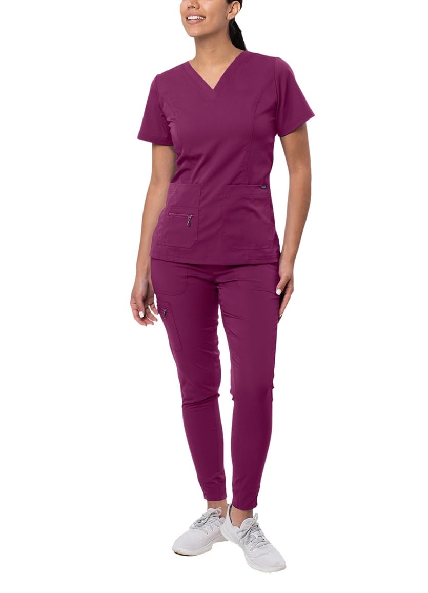Adar Pro Flawless Plus Scrub zestaw dla kobiet - podwyższony top z dekoltem w serek i spodnie dresowe, winny, XXL