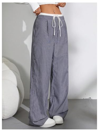 SweatyRocks Women's Striped Print Wide Leg Pants Low Waist Tie Front Loose Long Trousers3