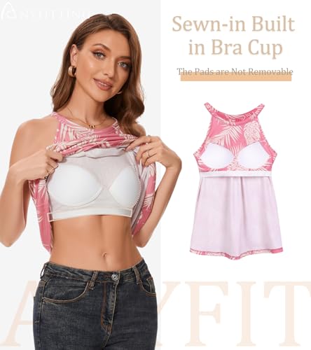 Image of Women Halter Tank Top with Built in Bra Flowy Sleevless Padded Camisole Loose Fit Summer Shirt Top S-3XL