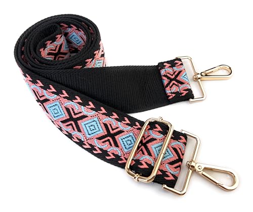 Image of Black Pink Blue Boho Diamond Purse Strap with Light Gold Hardware 2 Inch Wide Replacement Crossbody Guitar Style Shoulder Strap for Handbags Totes