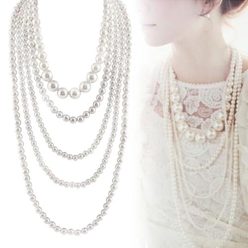 Pearl Necklace for Women Multi Long Strand Layered Pearl Necklaces Chunky Large White Faux Pearls Costume Jewelry Vintage Multistrand Necklace Stacked Strands for Women Flapper 1920s Style2