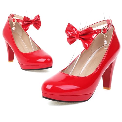 Asterisco Women Cone Heel Pumps with Platform Ankle Strap Bows High Heel Shoes Round Toe Buckle Elegant Heels, Size 2-13.52