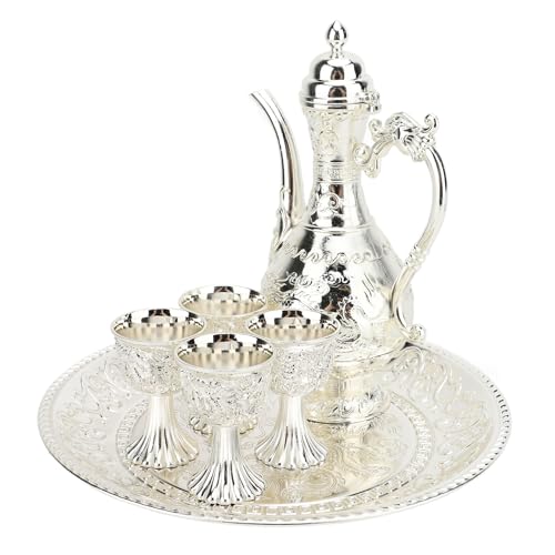 Vintage Turkish Coffee Pot and Cups Set, Teapot Tea Service Set Including 4 Metal Cups and Tea Tray for Tea Table Decor Wedding Ornament, Exquisite Luxurious Metal Teapot (Silver)