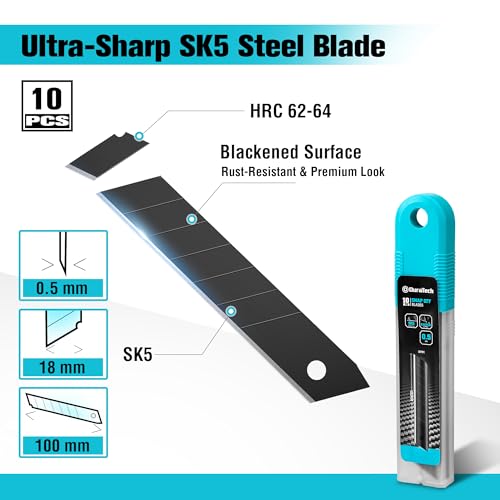 DURATECH Set van 3 professionele stofferingsmessen 18 mm met draaislot, SK5 gebroken messen met 10 reservemesjes, uitschuifbare universele messen voor karton en papier - Afbeelding 5