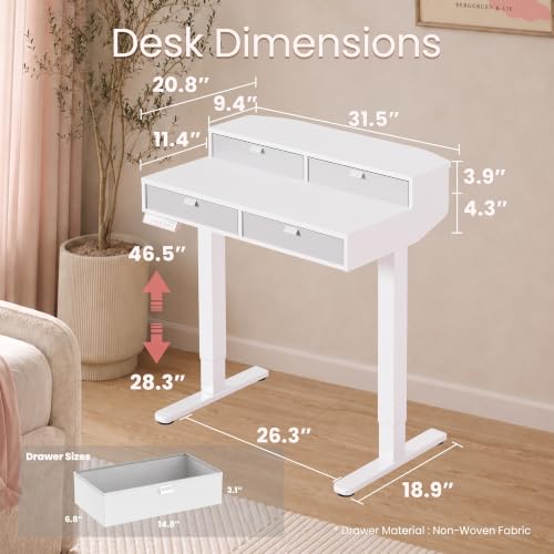 Image of HUANUO 32-Inch Electric Height Adjustable Vanity Desk with 4 Drawers | 4 Memory Heights; 28.3-46.5 in Range; Quiet Lift under 50 dB; Multi-Drawer Storage; Sit-Stand Makeup, Work & Study Desk
