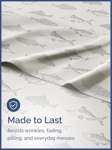 Image of Kids Twin XL Size Gray Fish Bed Sheets - 3 Piece Kids Gray Fish Sheet Set | Gray Fish Themed Bedding, Ultra-Soft, Cute & Cozy, Breathable & Machine Washable, Bed Set for Boys, Girls & Teens, Breathable