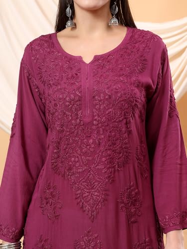 Image of POSHAK CHIKAN STUDIO Women's Hand Embroidered Lucknowi Chikankari Modal Straight Long Kurta, heer