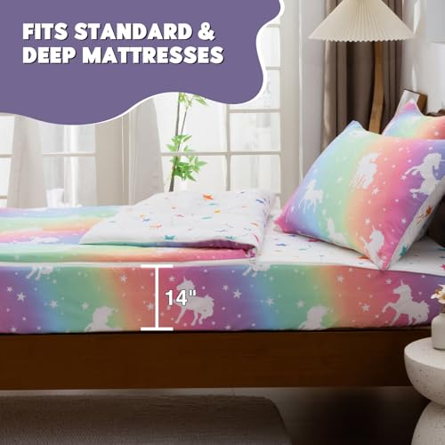 Image of Meeting Story Full Size Zipper Bedding, Glow in the Dark Girl Twin Bedding Sets,3 Pcs Unicorn Comforter Bed in a Bag with Fitted Sheet and 2 Pcs Pillowcases(Yellowpink,Full)