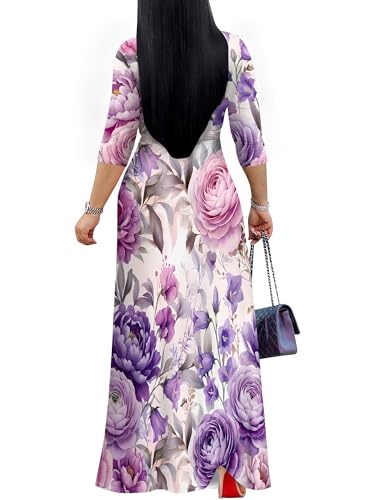 Image of SUZONANA Plus Size Dresses for Women Floral Print Maxi Dress Flowy 3 /4 Sleeve with Belt