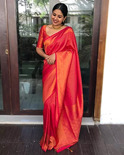 Image of ZECVA Women's Art Lichi Indian Traditional Style Silk Saree With Unstitched Blouse Piece
