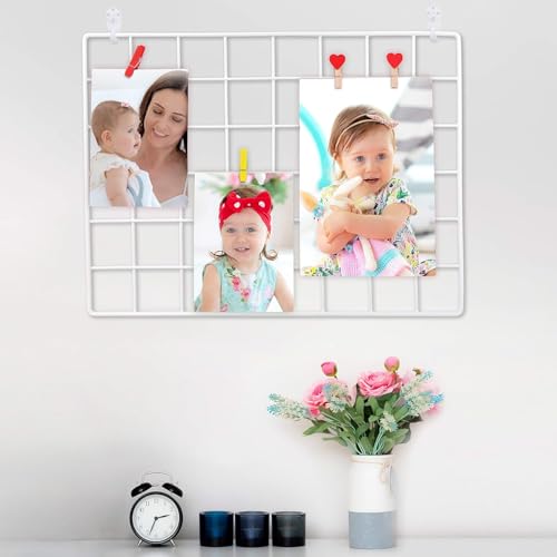 Image of Wire Grid Panels 40cm x 40cm with Clips Photo Board for Picture Display Wall Organizer steel Grid Wall Shelf for Home Office Room Decoration for Teenagers Adults Color white (pack of 1)