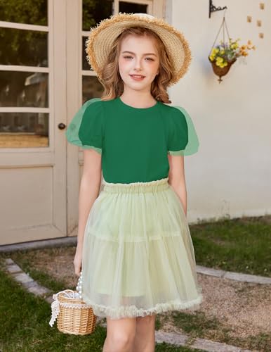 Image of Arshiner Girls Shirts Mesh Puff Short Sleeves Blouse Crewneck Cute Print Summer Kids Tee Tops