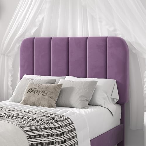 Image of VECELO Twin Size Bed Frame with Upholstered Headboard, Velvet Platform Bedframe Mattress Foundation, Strong Wood Slat Support, No Box Spring Needed,Purple