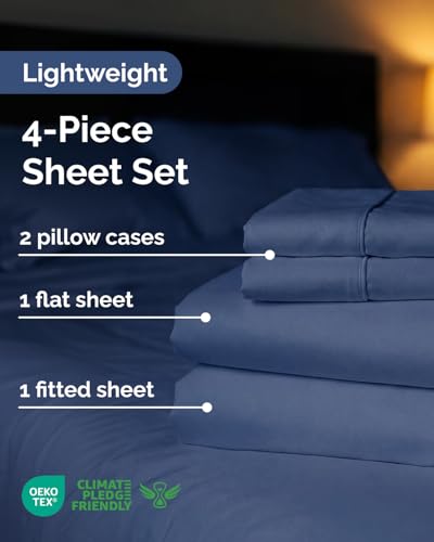 Image of Lightweight 4 Piece Bed Sheet Set Queen Size - Cooling Sheets for Hot Sleepers - Breathable Bedding Set w / 8-16 Inch Deep Pockets - 1 Flat & 1 Fitted & 2 Pillowcases - Wrinkle Resistant - Navy Blue