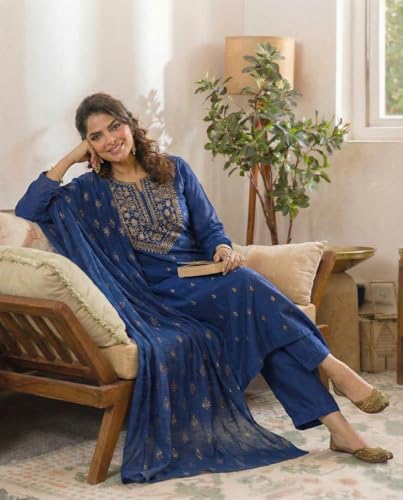Image of ANNI Designer Women's Viscose Straight Printed Embroidery Kurta with Pant & Dupatta | Long Sleeve Ethnic Kurta Set for Women | Casual Office, Daily, Party Outfits