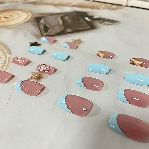 Onsdag French Tip Press On Nails Medium Length Square Fake Nails,Light Blue False Nails With Gold Butterfly Designs,Acrylic Coffin Artificial Nails Glue On Nails thumb #5