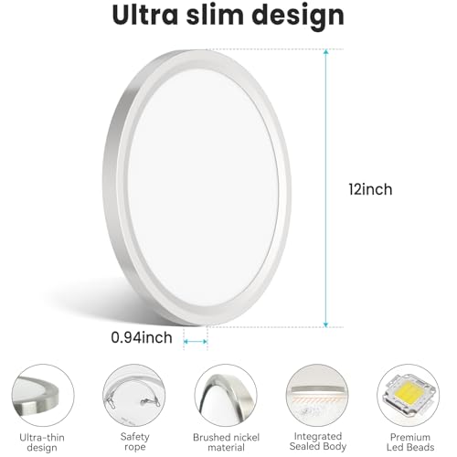 Image of libtit 12 inch Flush Mount LED Ceiling Light Fixture, 3000K 4000K 6500K Adjustable, 28W 3200lm Brushed Nickel Satin Round Ceiling Lamp for Bathroom Shower Hallway Kitchen, 12 Pack
