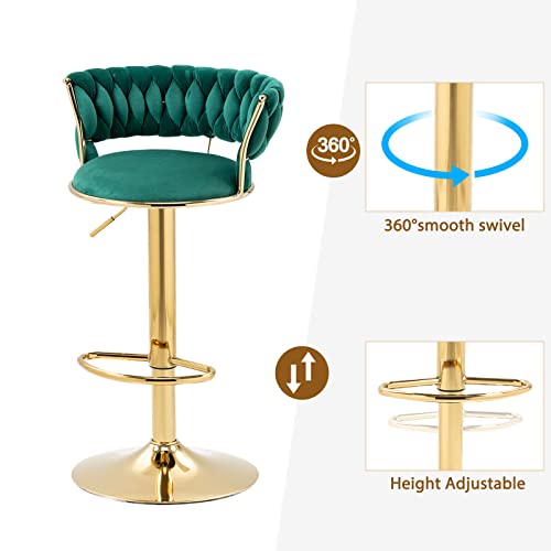 Kivenjaja Velvet Woven Bar Stools Set Of 2, Modern Height Adjustable Swivel Barstools Counter Chairs With Back & Golden Metal Base For Pub, Kitchen, Cafe (Emerald Green) #TOP4