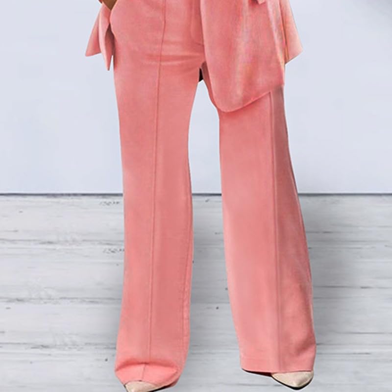 2 Piece Outfits for Women Dressy Blazer Lapel Slim Jackets High Waisted Straight Wide Leg Pants Suits Business Casual3
