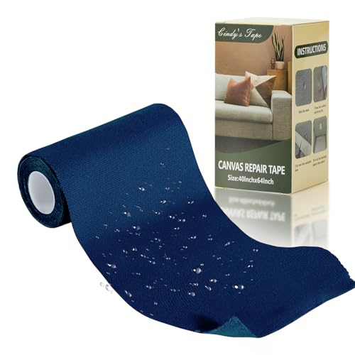 Image of Linen Canvas Repair Tape, 4 inch x 63 inch Blue Waterproof Self-Adhesive Patch for Outdoor Gear, Durable and Weatherproof Fabric Tape for Boat Covers, Tents, Sofas, Sun Shades, Awnings, and Lounge Chairs