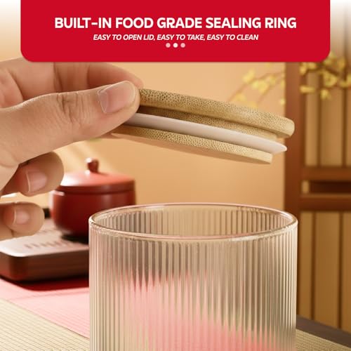 Image of amazon basics Fluted Glass Jars with Bamboo Lids, Set of 6, 600ml Decorative Kitchen Storage Containers for Snacks, Dry Fruits, Tea, Coffee, Sugar & Pantry Organization