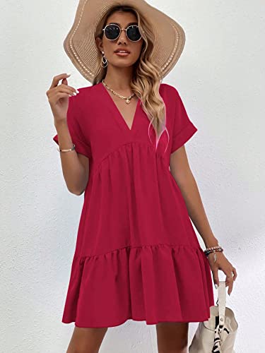 Image of WDIRARA Women's Roll Up Short Sleeve V Neck Ruffle Hem Solid Swing Smock Dress