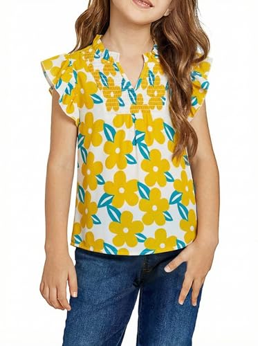 Image of Haloumoning Girls Ruffle Short Sleeve Floral Chiffon Blouses Kids Summer Shirts Tops 5-14 Years