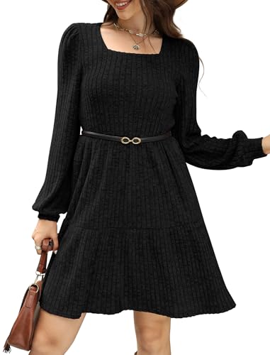 Image of Sampeel Womens Square Neck Long Sleeve Fall Dresses Casual Babydoll Sweater Dress