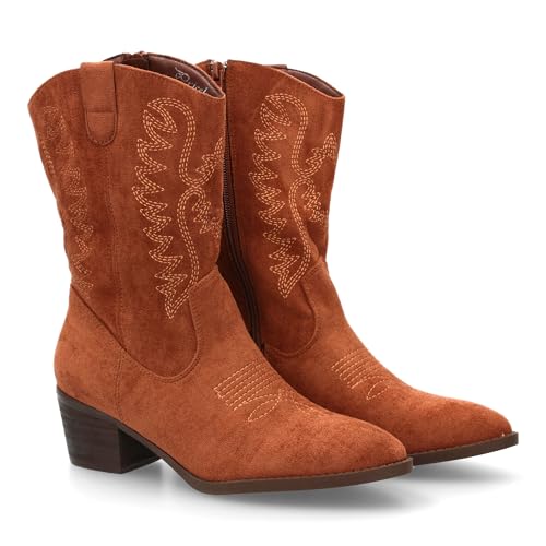 shoes&blues.es 95412 Bota Cowboy de Cana Media con Bordados y Punta Fina. Tacon Ancho Comodo, Ideal...
