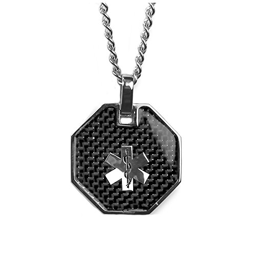 My Identity Doctor - Medical Alert Mens Necklace with Pendant - Custom Engraving for Diabetes Warfarin Dialysis Stroke Pacemakers Carbon Finish, Steel, 22in - 56cm Chain