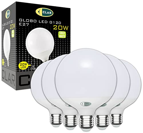 CLAR - Bombilla Grande Globo, Bombilla LED E27 20W, Bombilla Globo, Bombilla Globo E27, Bombilla LED E27 Globo Grande, Bombilla LED E27 Blanco Frio, Bombillas Globo Grandes, 6000ºK (Pack 5)
