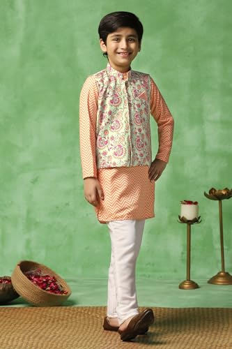 Image of Fashion Dream Boy's Cotton Blend Printed Kurta Pyjama And Jacket Set|Kurta And Payjama Set