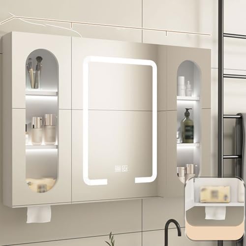 Armario LED con espejo de baño con 3 colores de luz ajustables, 2 puertas, montaje en pared, profundidad delgada, diseño moderno para espacios de baño