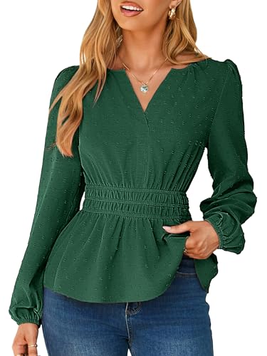 Simplee Womens Blouses Long Sleeve Peplum Boho Tops Fall Dressy Casual V Neck Swiss Dot Babydoll Tops Fashion Shirts