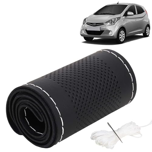 Image of KINGSWAY PU Leatherite Car Steering Cover Sewable Compatible with Hyundai Eon (Year 2011-2019), Black Color with Silver Thread, Pack of 1 with Sewing Needle and Thread