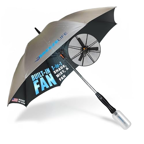 Image of MISTERBREEZE Sun Umbrella with Fan and Mister. A portable misting fan that blocks 99.9% of all UVA and UVB rays. Cooling for festival, beach and summer activities.