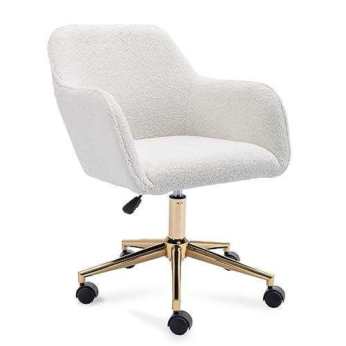Image of FOXHUNTER Vanity Chair with Wheels 360 Swivel, Teddy, White | Home Office Desk Chairs,Adjustable Height Accent Chair for Living Room,Bedroom