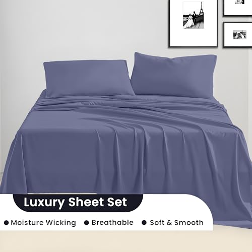 Image of SGI bedding Queen Bed Sheets Set - Premium 600 TC Egyptian Cotton, Crisp & Cooling Sateen Weave, Extra Soft Hotel Collection, Fits Mattresses Up to 16 Inch Deep, Long Lasting - Mediterranean Blue