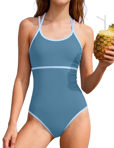 Image of WIQI Girls Swimsuit One Piece Bathing Suit Color Contrast Trim Girls' Swimwear with Cover Up Skirt Size 9-16