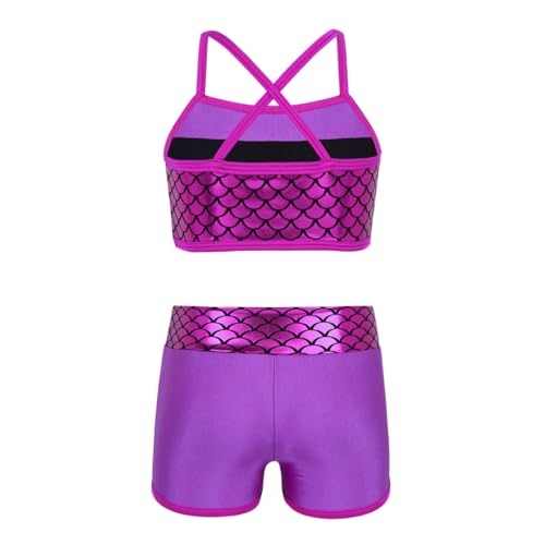 YEAHDOR Big Girls' 2 Pieces Gymnastics Dancing Outfits Crop Bra Top with Shorts Set Athletic Sports Actviewear Rose Red Mermaid Scales 10-12 Years2