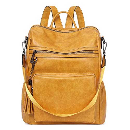 Image of Backpack Purse for Women Fashion Two Toned Leather Designer Travel Large Ladies Shoulder Bags with Tassel yellow