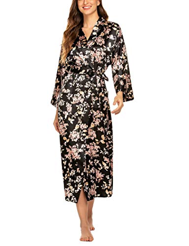 FINEJO Women's Kimono Long Robe Floral Printed Kimono Robe Silk with Pockets XXL