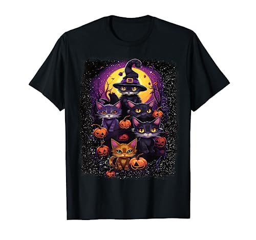 Gato negro con sombrero de brujas con diseño de gato de Halloween Camiseta