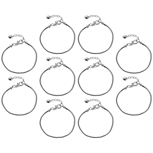 Exceart 10Pcs Silver Snake Chain Charm Bracelets With Heart Lobster Clasp Extender Chain Stainless Steel Adjustable Slider Bracelet Metal Bracelet Chain European Charm Bracelet For Jewelry Making 3Mm #TOP1
