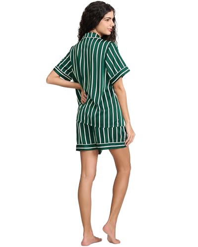 Image of YiNi LuLu Womens Silk Satin Shorts Pajamas Set Button Down 2 Piece Pjs Short Sleeve Oversized Sleepwear with Pockets