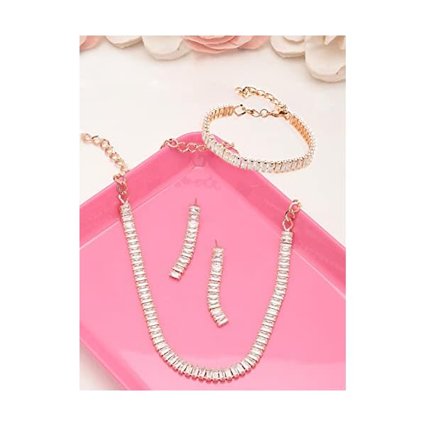 ZAVERI PEARLS Rose Gold Dazzling Baguette Cubic Zirconia Necklace Earring & Bracelet Set For Women-ZPFK12570 - Image 5