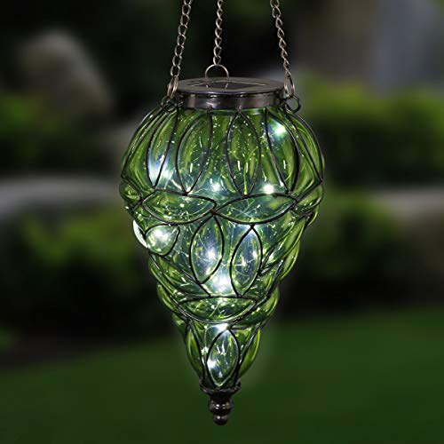 Exhart Green Solar Lantern – Glass Tear-Shaped Hanging Lantern – Teardrop Glass Ceiling Lantern Hangs in a Metal Cage w 12 Blue LED Firefly Solar Lights 7 L x 7 W x 24 H