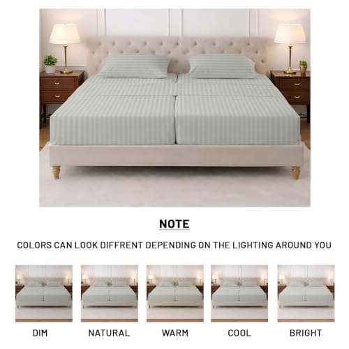 Image of SGI Split King Sheet Set for Adjustable Bed Egyptian Premium Cotton 600 Thread Count Sheet for Sleep Number Bed 15 inch Deep Pocket 5 Pc Set with 2 Twin XL Fitted Sheets Soft Breathable -Light Grey Stripe
